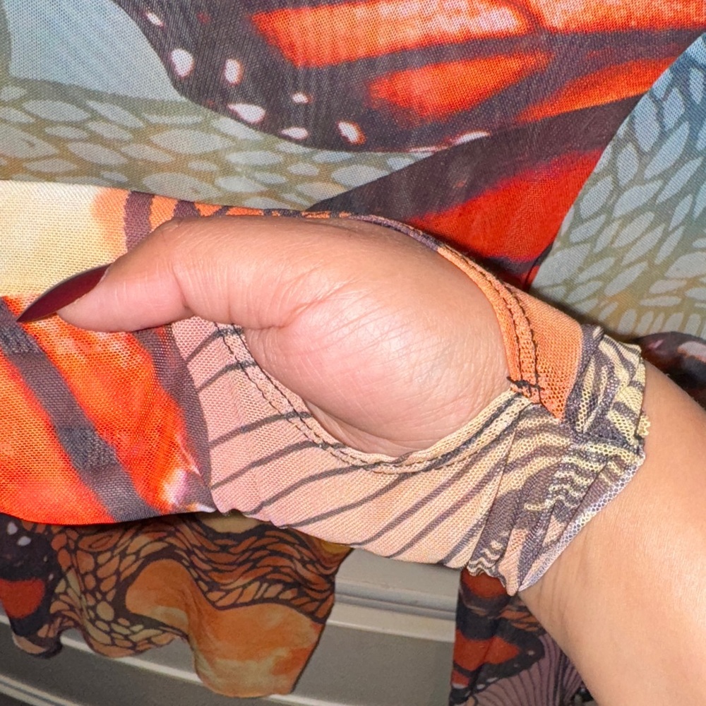 AFRM Long Sleeve Butterfly Print Top in Orange, Black, Blue - Picture 3 of 5